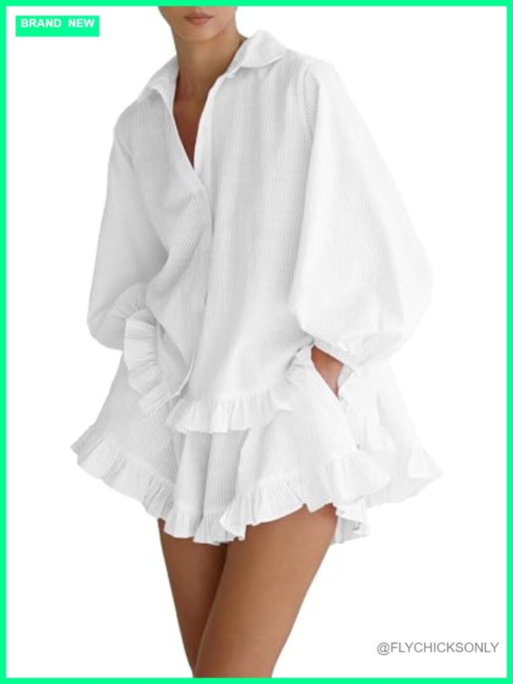 Ruffle Trim Long Sleeve Button Down Shirt and Shorts Casual Lounge Sets